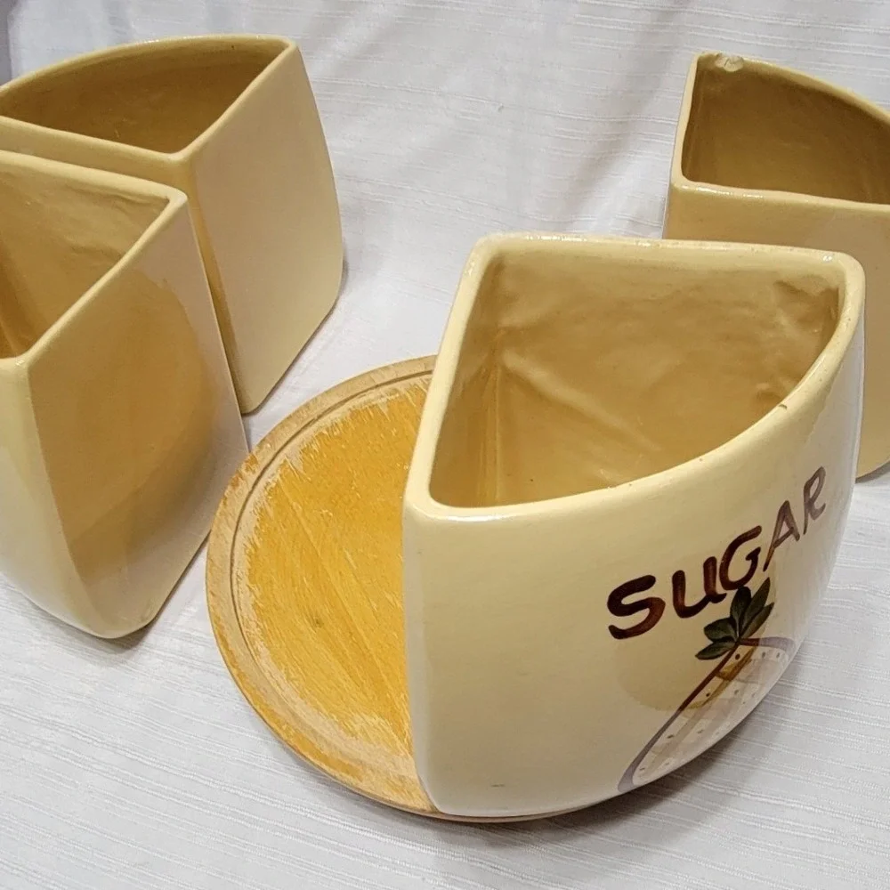 Vintage Ceramic Fruit Motif Wood lid 4 Piece Wedge Cannister set lazy susan